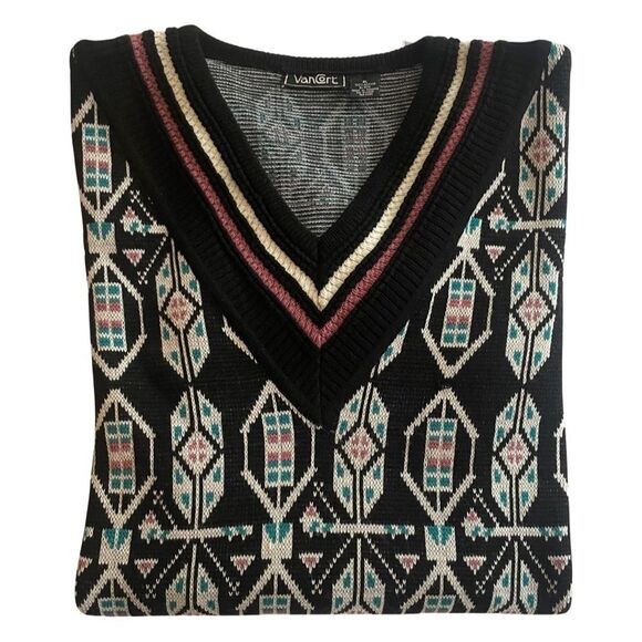 VINTAGE 80s VanCort V-Neck Geometric Print Black Sweater Size XL - Picture 3 of 6